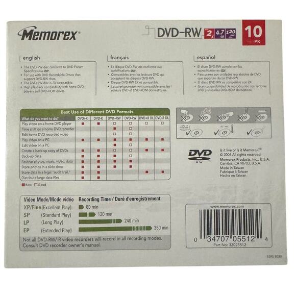 Memorex DVD-RW Rewritable 10 Pack 2x 4.7 GB 120 Minute New Sealed - Picture 2 of 2
